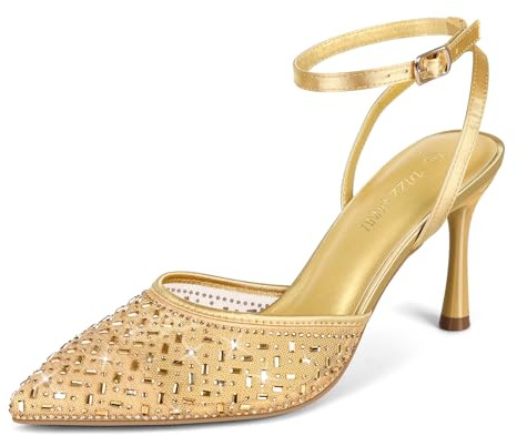 PIZZ ANNU Cienna Escarpins à talons hauts sexy à bout fermé en maille avec strass scintillants et sangle de cheville pour robe de fête de mariage, doré, 37 EU