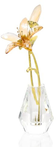 Ornalrist Crystal Golden Tiger Lily Flowers with Crystal Vase Paperweight Collectible Gifts for Women, Glass Lilium Artificial Floral Figurines for Home Wedding Anniversary Party Decor