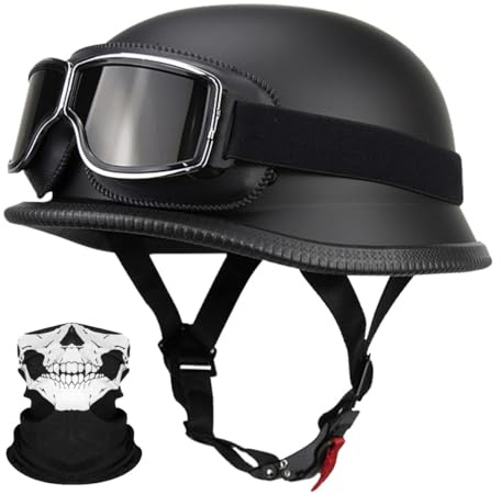 Deutsche Motorrad Jethelm ECE-Zertifizierung, Vintage Halbhelme Halbschalenhelm mit Schutzbrille Chopper Helm für Cruiser Street Scooter mit Schnellverschlussschnallen 22.4-25.2in