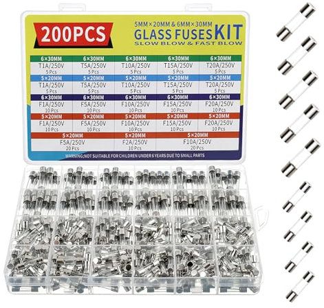 UVVRUR 200 Stück Glassicherungen Set, 250V, 5x20mm 6x30mm, 21 Werte, F 1A 2A 5A 10A 15A 20A, T 1 5 10 15 20 Ampere