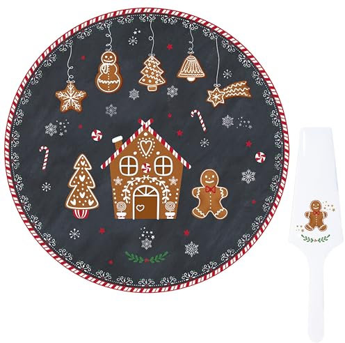 MamboCat Gingerbread Plateau à gâteau rond en porcelaine de 30 cm de diamètre avec pelle à gâteau I Assiette à gâteau ronde en porcelaine avec décor bonhomme en pain d'épices I pour biscuits, cake
