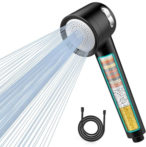 MEKO High Pressure Filter Shower Head for Hard Water UK,1.5m Hose,3 Modes | Power handheld Shower Head with Massage Brush,Water Saving,15 Stage Shower Filter for Residual Chlorine Removal,Black
