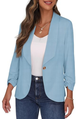 PrinStory Blazer para Mujer Deportivo Elegante de 3/4 de Manga Blazer para Oficina Negocio Vestido Jack Suaves, azul/gris, 48