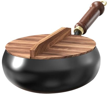 Wok en fonte poêle profonde 24 cm, wok avec poignée en bois, sans revêtement, multifonction, induction et cuisinière