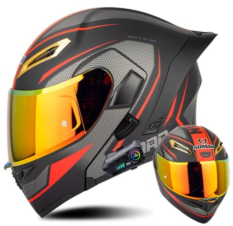 Full-Face Motorcycle Bluetooth Helmet with Built-in Dual Speaker Flip up Motorbike Downhill Helmet Modular Integrated Helmet Dual Visor Suitable for Adult Men and Women DOT Approved(B1,Large)