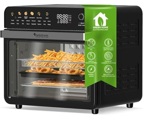 TurboTronic Multi-Smart-Ofen - 19in1 Heißluftofen & Heißluftfritteuse 2100W Power 34L bis 0,5 kg Pommes Mini-Backofen mit Dörrfunktion 40-230°C Grill Airfryer Dörrautomat schwarz