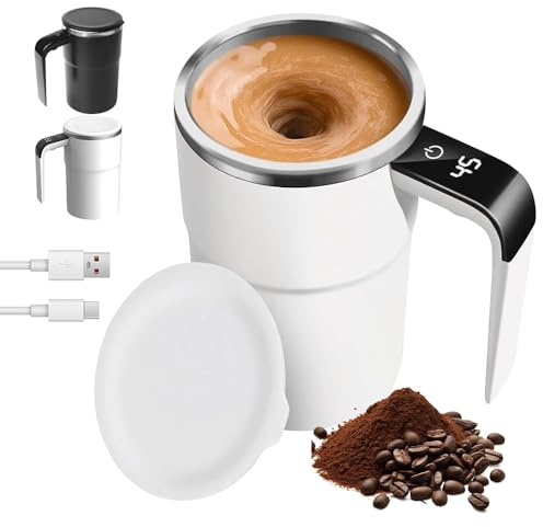 Hojalis Selbstrührende Tasse, 380ml Automatische Magnetische Rührkaffeetasse, Magnetische Selbstrührende Tasse mit Temperaturanzeige, Selbstrührender Kaffeebecher Für Picknick Camping Hotel (Weiß)