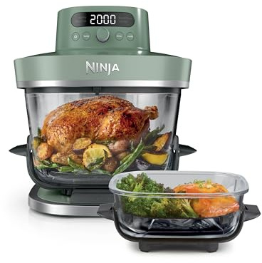 Ninja CRISPi PRO XL Glass Air Fryer, 5 Preset Cooking Functions, Includes 5.7L and 2.3L CleanCrisp Glassware Cooking Containers and Storage Lids, Moss Green AS090UKGN