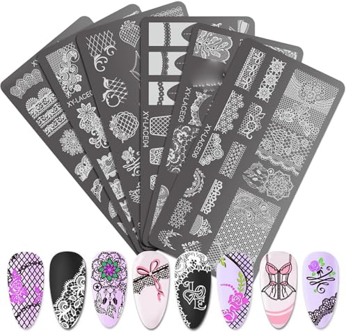 Lot de 6 plaques de stamping en métal avec dentelle et motif floral pour ongles créatifs pour résultats de salon