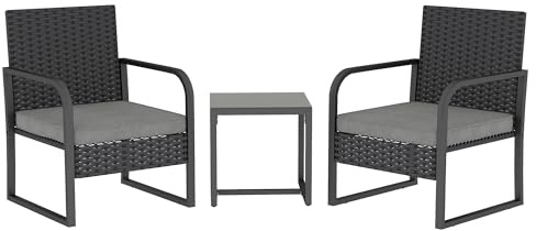 Outsunny Set da Giardino 3 Pezzi in Rattan PE e Acciaio, Set 2 Sedie con Cuscini Lavabili e Tavolino da Caffè con Piano in Vetro, Set di Mobili da Balcone, per Patio e Cortile, Grigio Scuro e Nero