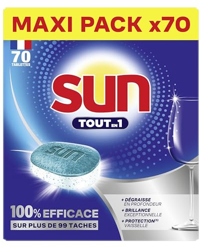 SUN Tablettes Lave-Vaisselle Tout-en-1 Regular - Éliminent + de 99 Taches du Quotidien sans Prérinçage - 80% d'Ingrédients d'Origine Naturelle - Utilisation Simple - 70 Pastilles Lave-Vaisselle