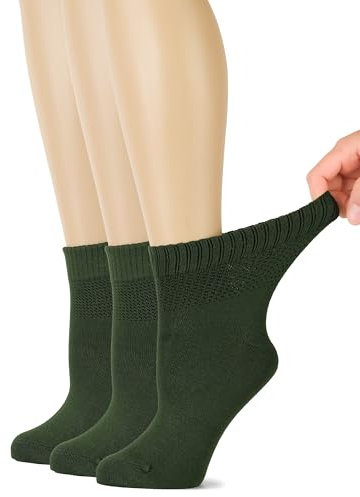 Hugh Ugoli Calzini Donna Diabetici in Bambù, 3 Paia, Calzini Corti Morbidi e Traspiranti, Extra Larghi per Caviglie Gonfie, Bordo Senza Elastico e Punta Senza Cuciture, Verde scuro, Taglia 36-40