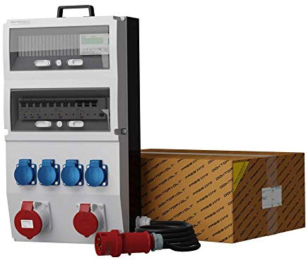 Doktorvolt Baustromverteiler, Stromverteiler eXT-S/FI 32A 16A 4x230V SKH mit Stromzähler 5x4mm2 Kabel, Schuko System Mennekes, Fi-Schalter, CEE-Steckdosen, Leitungsschutzschalter