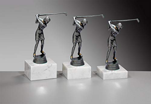 Henecka ⛳️ Damen Pokal, Golf-Trophäe, Golf-Resinfigur, Golferin -Drive- Altsilber & altgold, Marmorsockel, mit Wunschgravur, wählbar in 3 Größen oder als 3er-Serie (Sockel 70 x 40 mm)