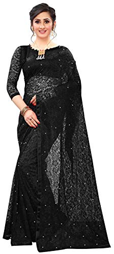 LOROFY Women's Net Saree (With Blouse_Free Size), Black