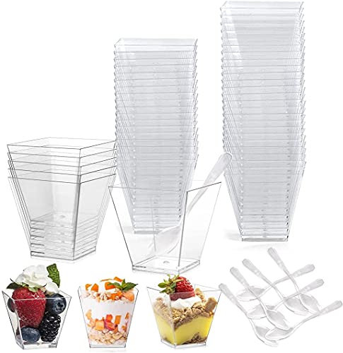 Lot de 50 tasses à dessert avec- 60 ml - En plastique - Réutilisables - Pour la maison, les desserts, les pique-niques, les fêtes