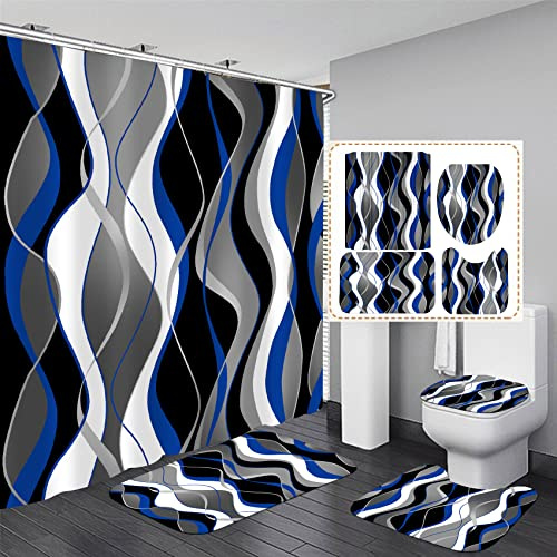Nkzply 4 Pcs Blue Shower Curtain Black Bathroom Sets with Shower Curtain and Rugs Grey Modern Striped Shower Curtain Set White Bathroom Rugs Set Bathroom Decor Toilet Lid Cover Hooks
