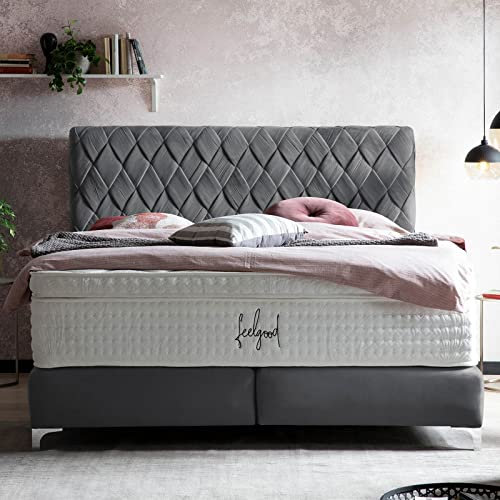 Boxspringbett Lyon 140x200 Velours, mit Topper, Hand geflochten, Hotelbett, ohne Bettkasten, 7 Zonen Taschenfederkern-Matratzen, Aufbau KOSTENLOS (Dunkelgrau, 140x200 cm mit Topper)