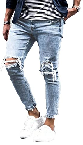 Osheoiso Vaqueros Rasgados de Hombre Skinny Denim Jeans Vintage Pantalone con Cremallera Jóvenes Moda Elasticos Agujero Pantalón Largo Vaqueros Ajustados E5 M