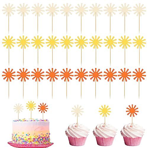 36st Sun Cupcake Toppers, 3 Färger Little Sunshine Cake Topper Sunshine Cupcake Toppers Tårtdekorationer Bambupinnar för Födelsedagstårta Dekoration