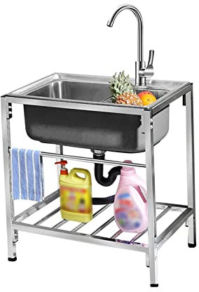whalebee Spülbecken Für Außen Innen, Freistehende Küchenspüle Waschtrog Mit Ständer, Großes Fassungsvermögen, 304 Edelstahl Gewerbe-spülbecken Mit Wasserhahn, Waschbecken Antis-Verstopfung