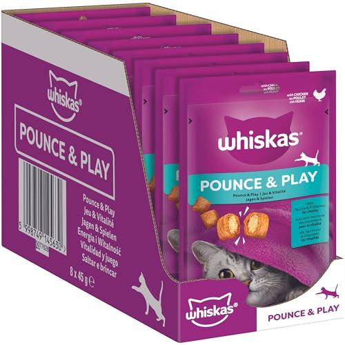 Whiskas Pounce & Play Katzensnacks im Portionsbeutel für ausgewachsene Katzen mit Huhn 8x45g