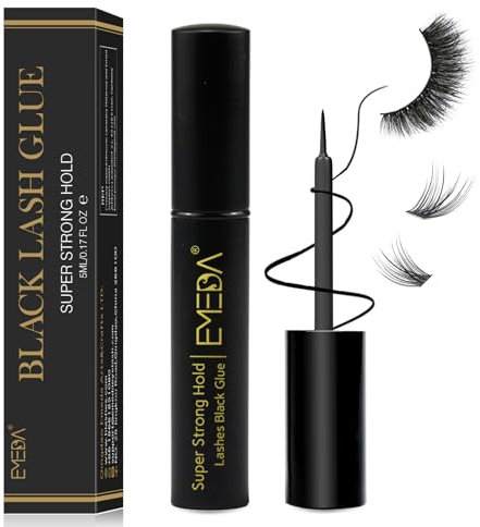 EMEDA Colla Nera per Ciglia Finte, colla per ciglia a strisce Black Eyelash Glue, Glue Eyelashes, colla adesiva per ciglia ad asciugatura rapida 5ml 0.17oz colla per extension ciglia a grappolo