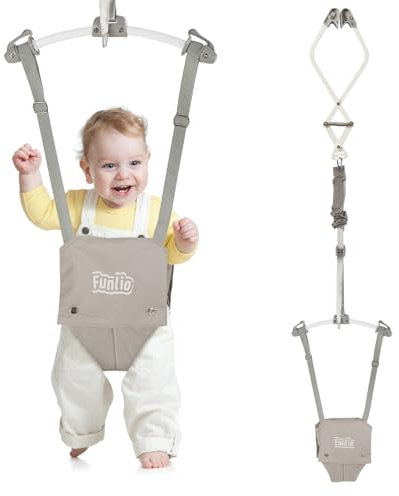 FUNLIO Hamaca para Puerta de Bebé para 6-24 Meses (con Abrazadera de Puerta), Puerta para Saltador para Bebé con Resorte Fuerte/Correa Ajustable, Fácil de Montar, Carga 18 kg, Certificado CE CPC-Gris