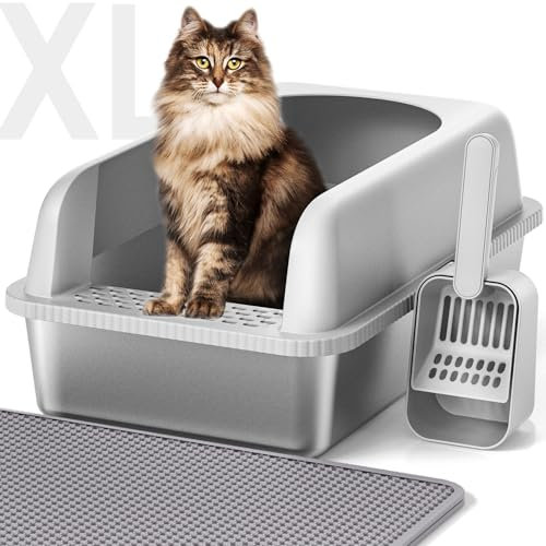 Vailge Edelstahl Katzenklo, 60x40x30 cm, 28L große Kapazität, Katzentoilette mit halbgeschlossenem Deckel, doppellagiger Streumatte und Katzenstreuschaufel