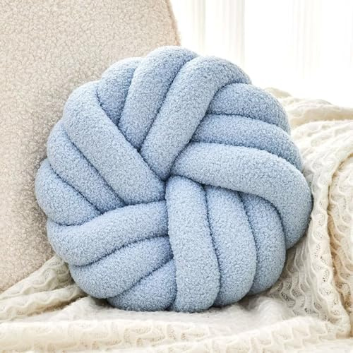 Uvvyui Cuscino rotondo con nodo, 35 cm, morbido, fatto a mano, in peluche, decorazione per la casa, per letto, divano, soggiorno (blu polvere, 35 cm)