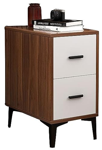 Mesita de noche de nogal y blanco con 2 cajones para dormitorio y sofá, mesita de noche pequeña (40 cm)