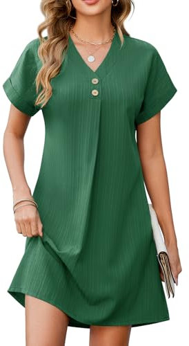 UMIPUBO Women's Summer Dress Elegant Short Sleeve Sundress V Neck Wrap A-Line Midi Dresses Plus Size with Buttons for Causal Beach Vacation (Green, M)