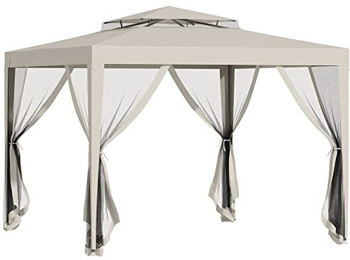 Outsunny Carpa de Jardín 3x3 m Cenador Desmontable de Exterior Gazebo con 4 Mosquiteras Laterales Techo Doble y Marco Metálico Anti-UV Impermeable Pabellón para Terraza Patio Beige
