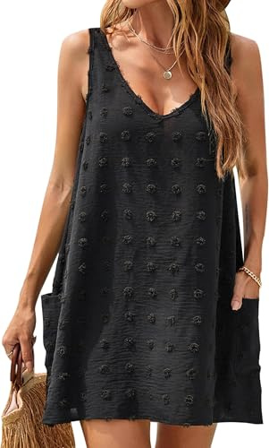 BUNSLOOM Damer lediga sommarklänningar Swiss Polka Dot Beach Cover Up V Neck Tank klänningar med fickor, svart, L