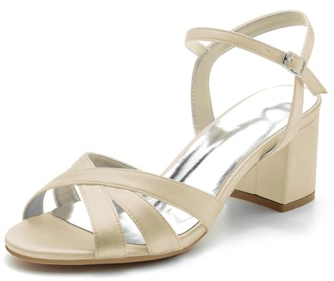 Femmes Couleur Unie Cheville Sangle Chaussures De Mariée Bout Ouvert Slingback Habillées Bout Rond Party Mariage Pompes Moyen Talon Bloc Sandales,Champagne,36 EU