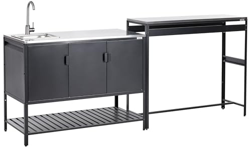 Beliani Conjunto de Armario de Cocina y Mesa de Bar para Exterior de Acero 3 Puertas encimera de Acero Inoxidable jardín Negro con Fregadero Maenza