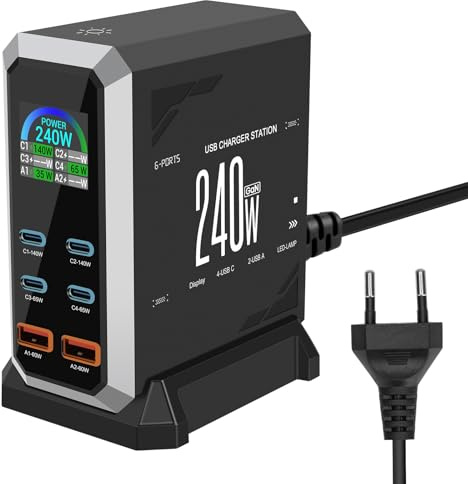 USB-C-laddare, 240 W, multiUSB, 6 snabba portar, GaN Power laddningsstation med 4 USBC-portar och 2 USB-portar för MacBook Air, iPad, Phone 16, 15 Pro, 14, 13, 12, Galaxy S22, S20