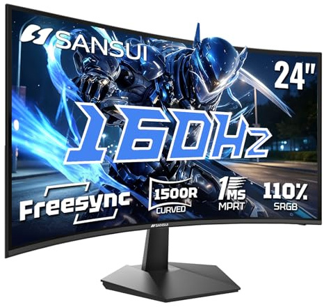 SANSUI 24 Inch Curved 160Hz Gaming Monitor,1500R Curved Gaming Monitor FHD 1080P Computer Monitor,MPRT 1ms Fast VA Display,Freesync,HDR,3000:1, HDMI2.0,DP1.4, VESA Support(ES-G24C1L HDMI Cable Incl.)