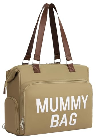 Kono Changing Bag Backpack, Large Nappy Tote Bag Multifunction Baby Diaper Bag for Mum and Dad, with Stroller Straps (Khaki)
