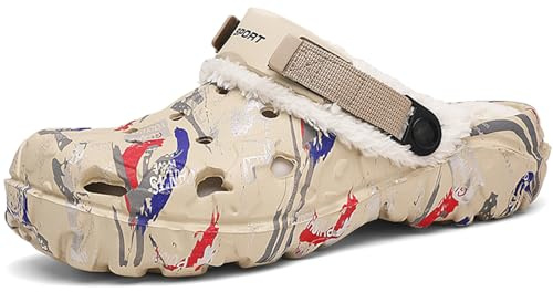 IXIAOYI Zuecos de invierno para hombre con forro de piel, cálidos, antideslizantes, fáciles de poner, con correa ajustable en el talón, para interiores y exteriores, casa y jardín, caqui, 45 EU