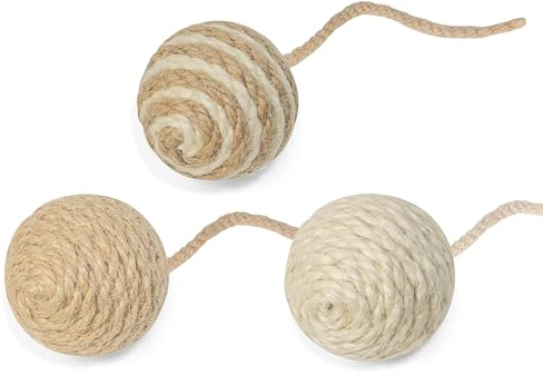Dojomadf Cat Toy Ball with Sisal Rope Wrapping â 3 Pack Sisal Cat Toy Ball with Rope & Quiet Bell, 1.77 Natural Interactive Cat Scratching Ball for Indoor Cats (Beige, Yellow, Striped)