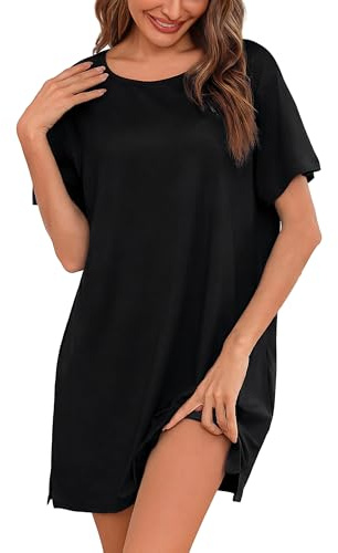 Litherday Camicia da Notte Donna Estiva Manica Corta Oversize con Spacchi Laterali Morbida e Traspirante Stile 2 Nero L
