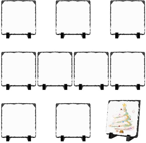 10 Pack Sublimation Slate Blanks, 15 x 15 cm Heat Thermal Transfer Rock Stone Photo Framem Bulk, Sublimation Plaque Picture Frame with Display Holder for Desktop Souvenir DIY Personalized Gift