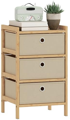 HOMCOM Cómoda con 3 Cajones de Tela, Cómoda para Dormitorio de Bambú, Cajonera para Espacios Pequeños, Salón, Oficina, Vestidor, Crema y Natural