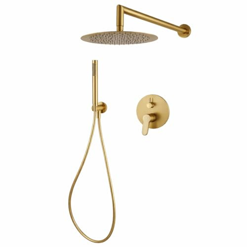 Topolenashop Set Doccia Incasso 2 Vie Oro Tondo – Sistema Doccia Completo con Soffione 25 cm, Doccetta, Braccio 40 cm, Flessibile 180 cm, Miscelatore Monocomando, Design Moderno | 87896
