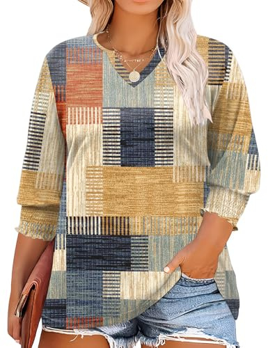 Women's Plus Size Blouse 3/4 Sleeves V Neck Elegant Tunic Tops Loose Fit