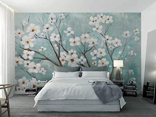 MIWEI Wallpaper Papier Peint Panoramique Fleur De Cerisier Bleu Nordique Simple Peinture À L'Huile Fleur Papier Peint Nature Intissé Murale Chambre Salon（350cmX256cm）