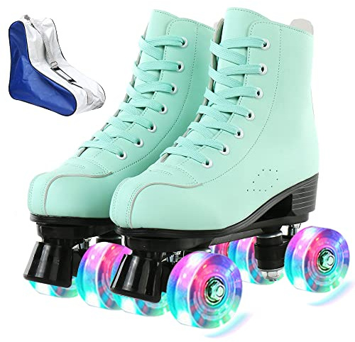 XUDREZ High-Top Roller Skates for Women - Cozy Green PU Leather, Indoor Outdoor Double-Row Skates for Beginners with Shoes Bag (Flash Wheel, 39)
