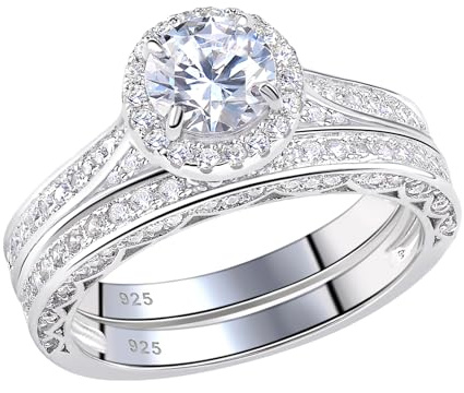 SHELOVES 925 Sterling Silver Bridal Rings Set Wedding Rings Set for Women Round AAAAA Cubic Zirconia Engagement Rings Size O