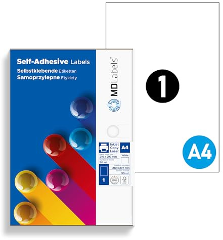 MD Labels universaletiketter DIN A4 210 x 297 50 ark självhäftande, tryckbara, matt, blankt papper självhäftande etiketter klistermärken, vit